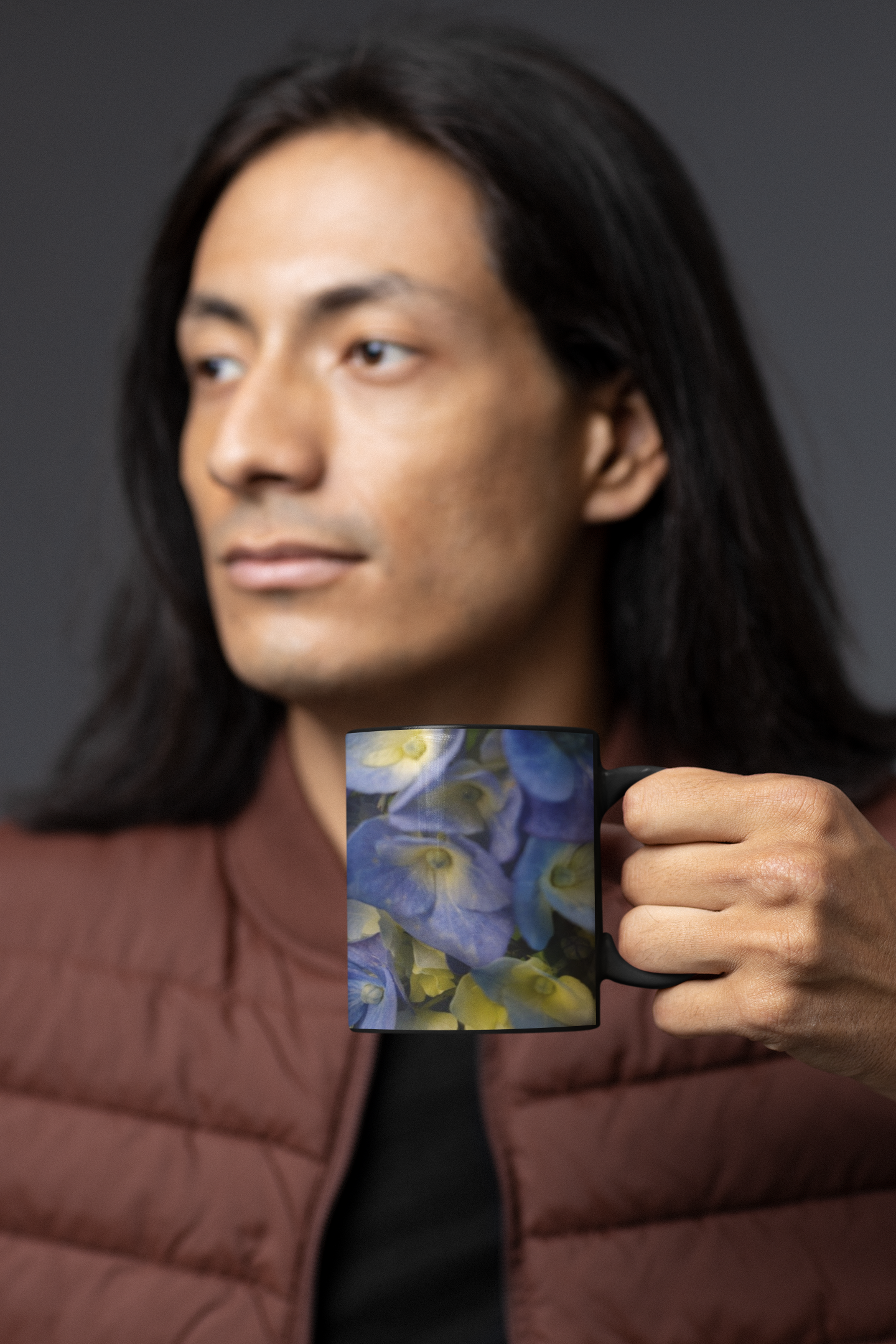 11 oz Black Mug - Wagonesta- Blue Hydrangea