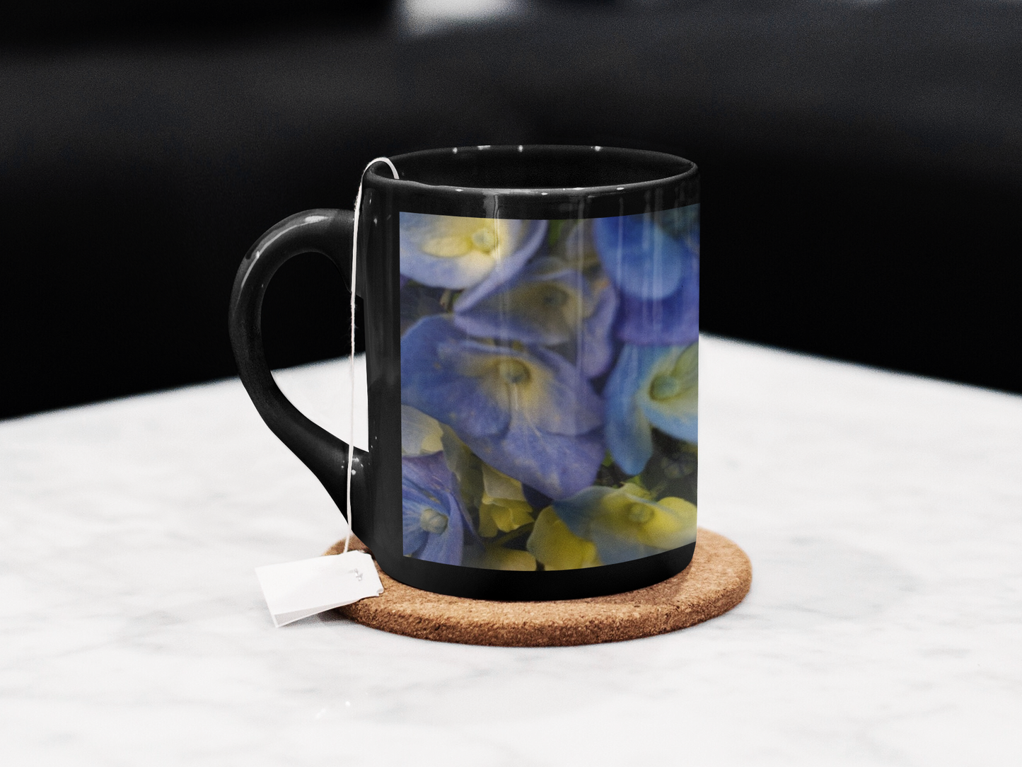 11 oz Black Mug - Wagonesta- Blue Hydrangea