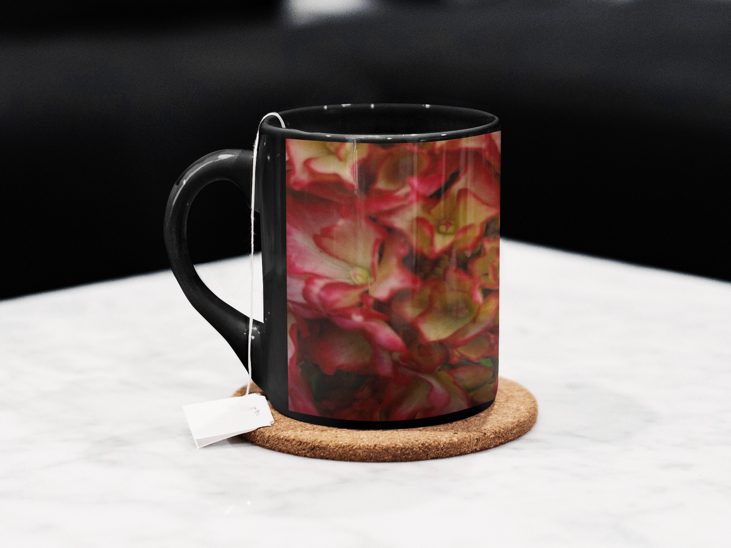 11 oz Black Mug - Wagonesta - Rose Color Hydrangea