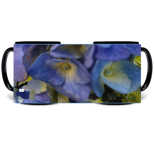 11 oz Black Mug - Wagonesta- Blue Hydrangea