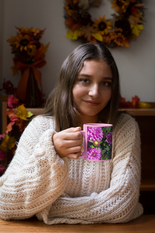 11 oz. Two-Tone Mug (Pink) - Wagonesta -Dahlias