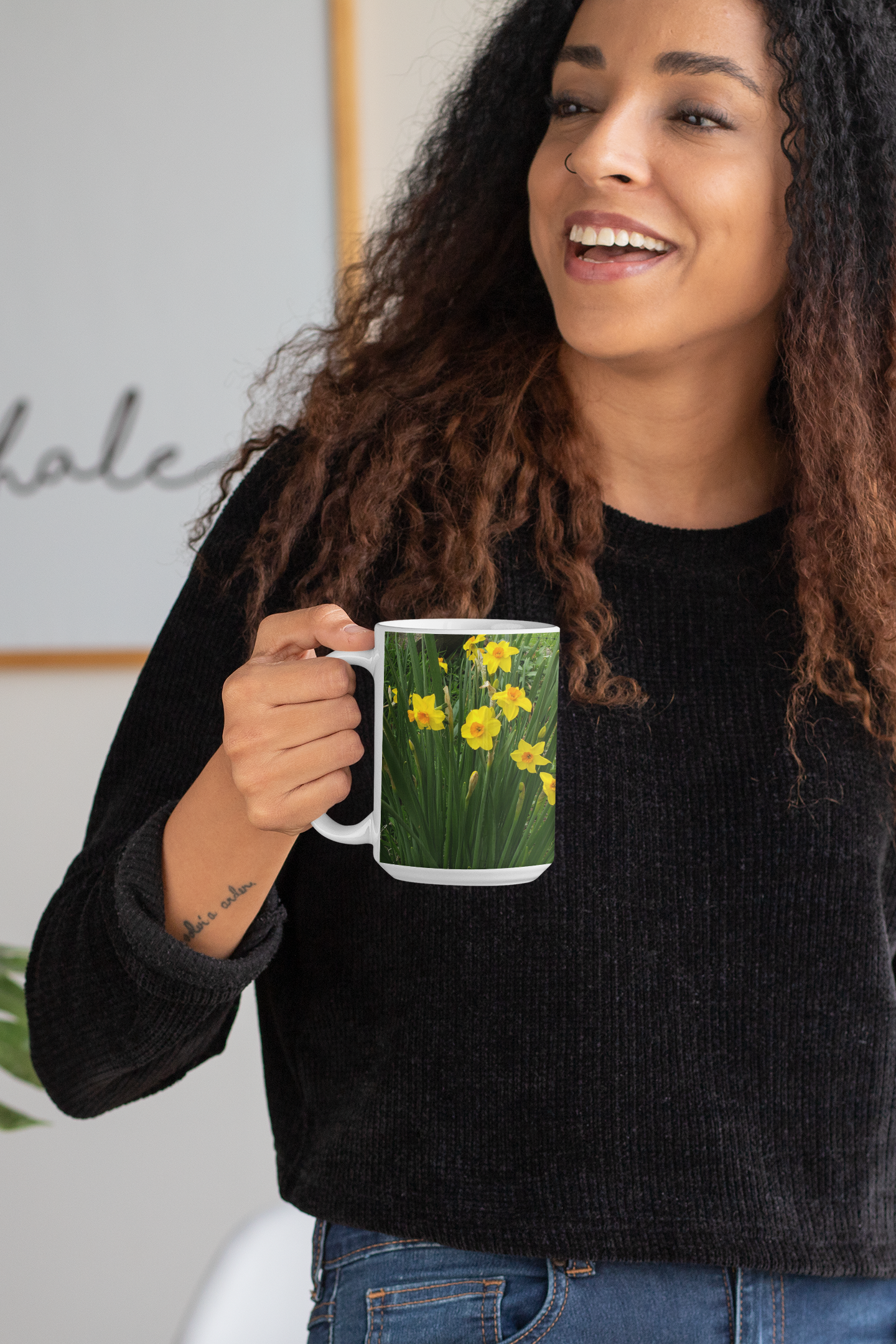 15 oz Ceramic Mug - Wagonesta- Daffodils in Green