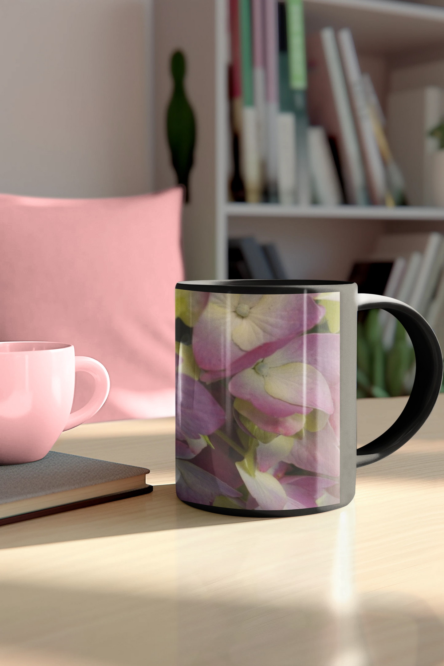 11 oz Black Mug - Wagonesta- Lavender Yellow Hydrangea