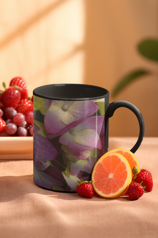 11 oz Black Mug - Wagonesta- Lavender Yellow Hydrangea