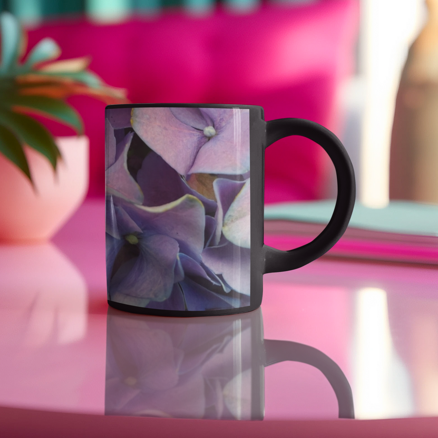 11 oz Black Mug - Wagonesta - Lavender Blue Hydrangea