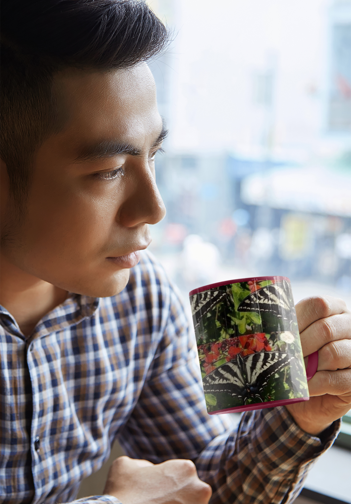 11 oz. Two-Tone Mug (Red) - Wagonesta - Butterfly on Centranthus