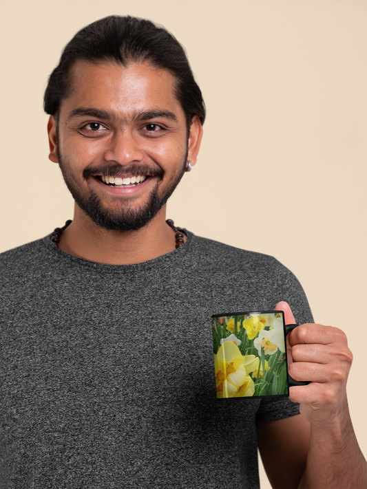 11 oz Black Mug - Wagonesta- Field of Daffodils