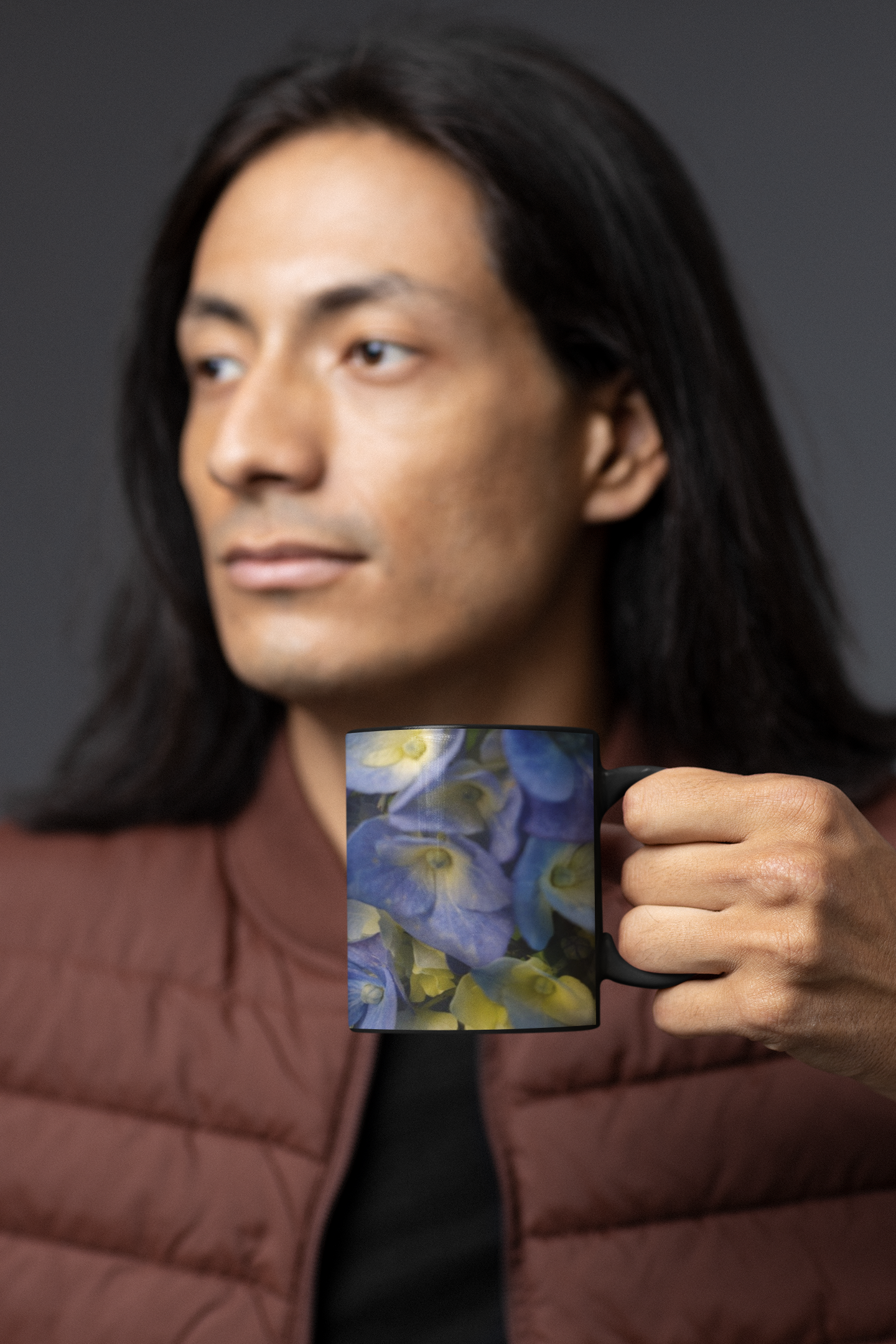 11 oz Black Mug -  Wagonesta- Blue Hydrangea