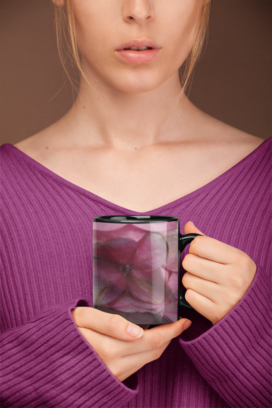 11 oz Black Mug - Wagonesta - Pink Hydrangea