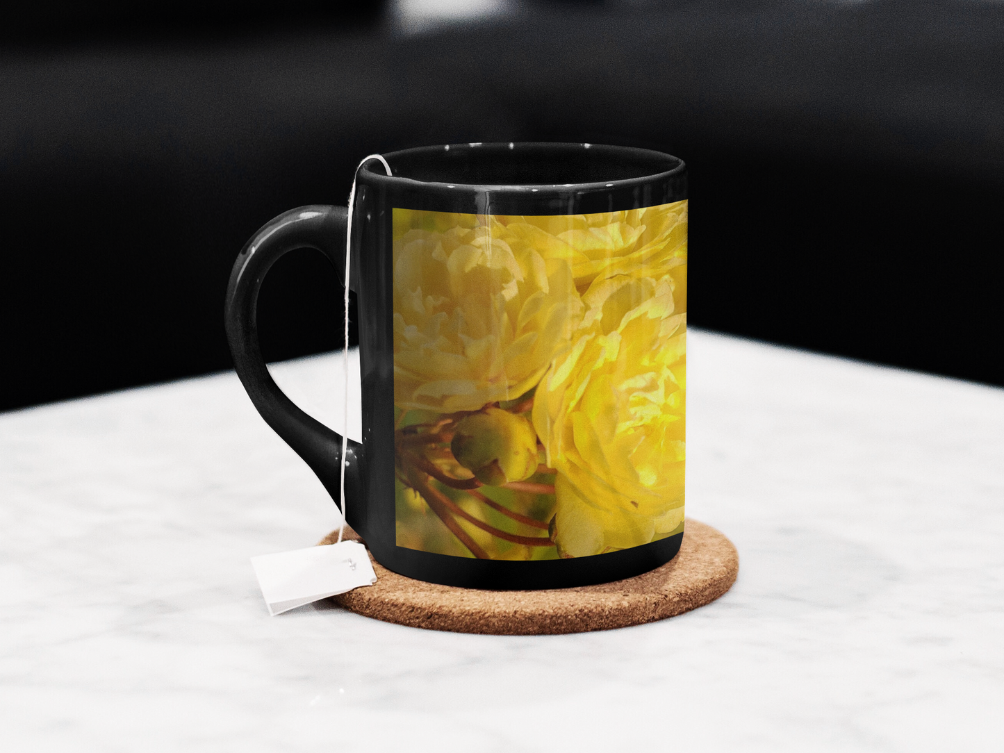 11 oz Black Mug - Wagonesta - Yellow Lady Banks Roses