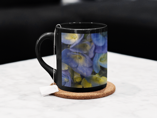 11 oz Black Mug -  Wagonesta- Blue Hydrangea