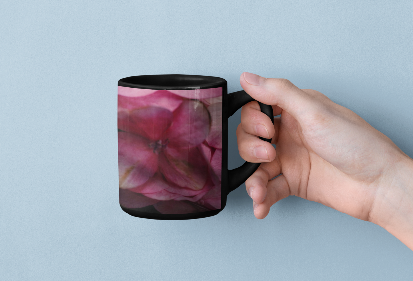 11 oz Black Mug - Wagonesta - Pink Hydrangea