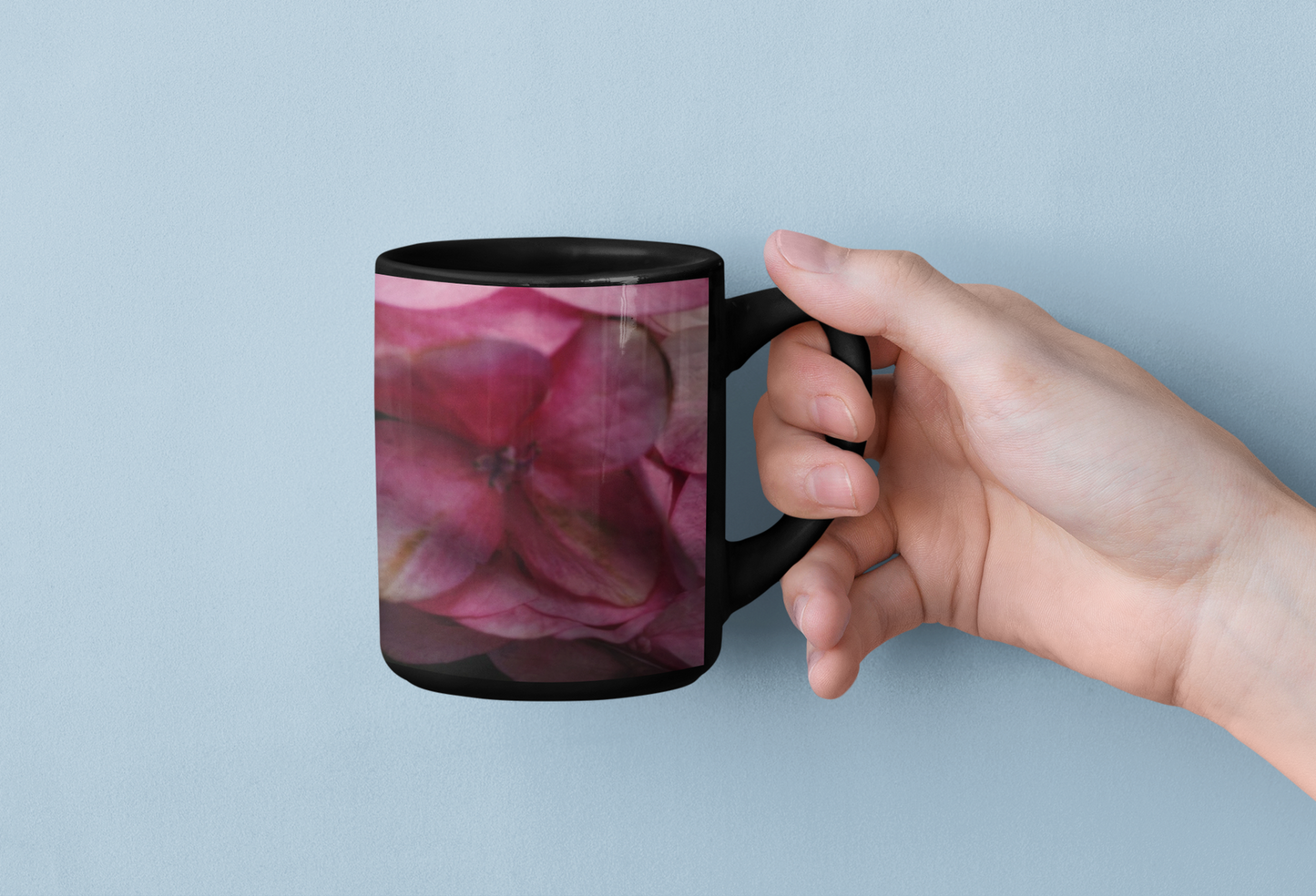 PINK HYDRANGEA- Black Glossy Mug