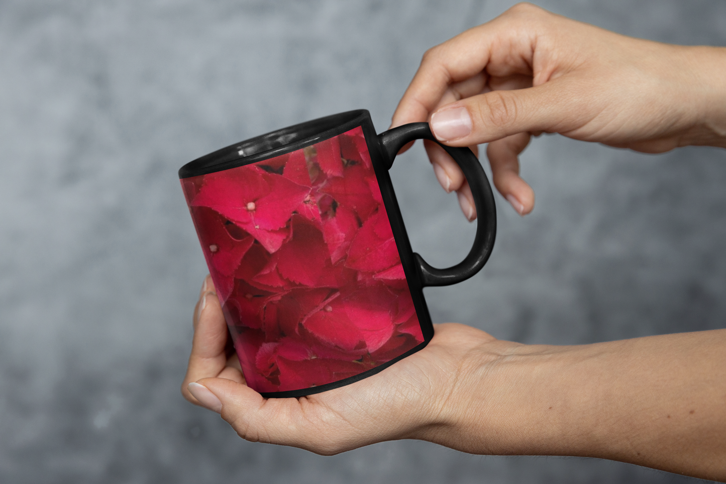 11 oz Black Mug - Wagonesta - Red Hydrangea