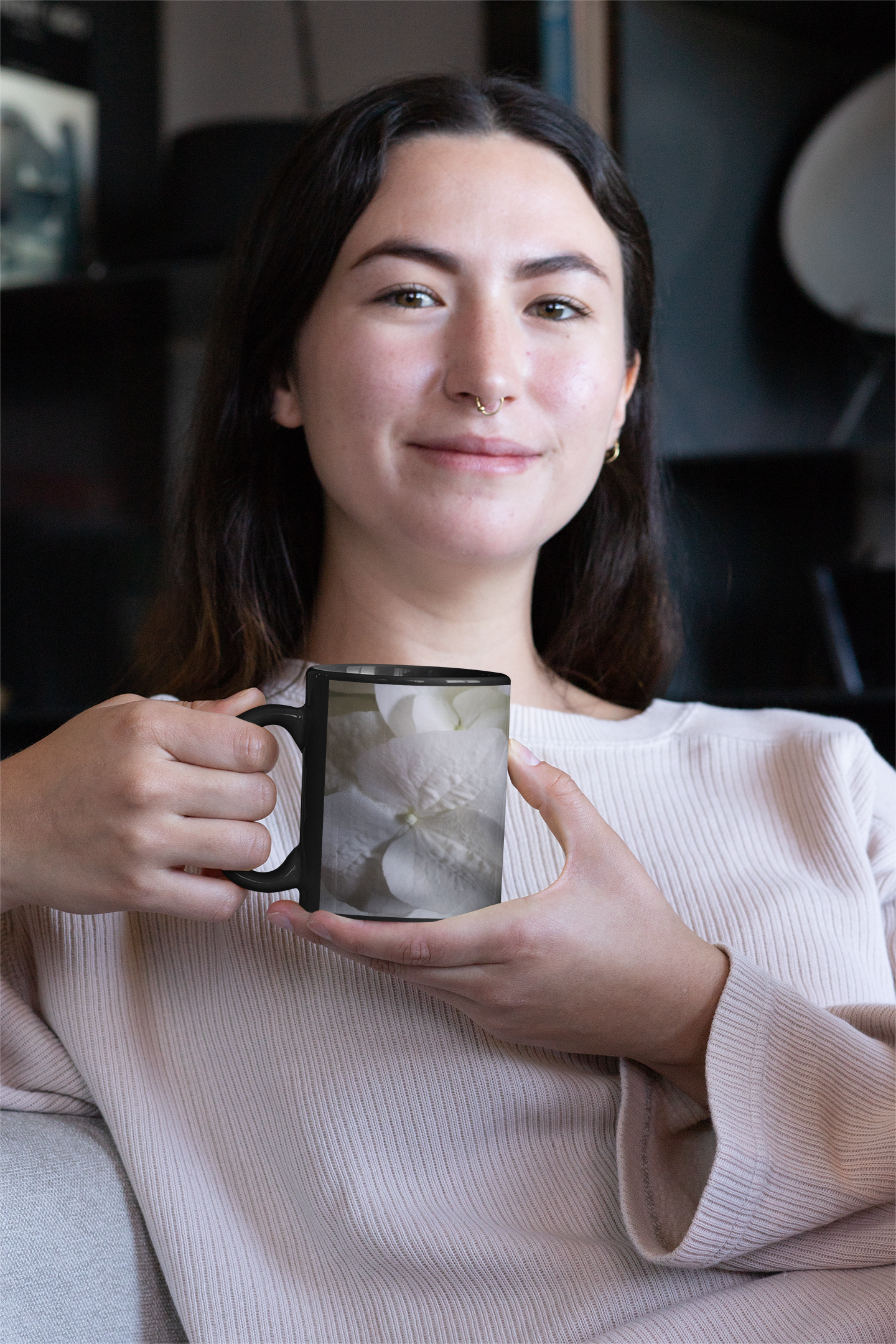 11 oz Black Mug - Wagonesta - White Lacy Hydrangea