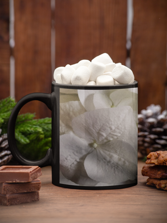 11 oz Black Mug - Wagonesta - White Lacy Hydrangea