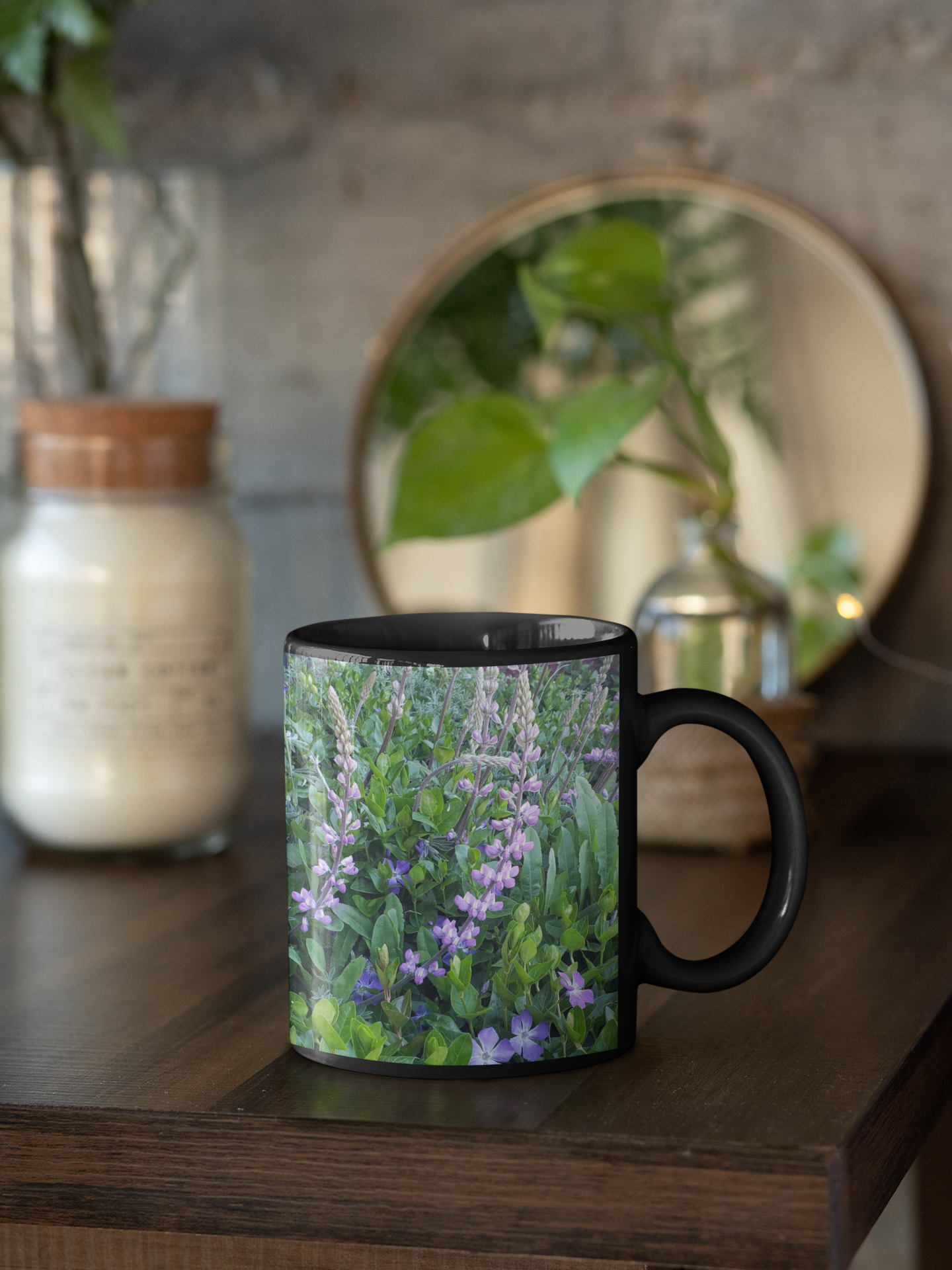 11 oz Black Mug - Wagonesta - Lupines