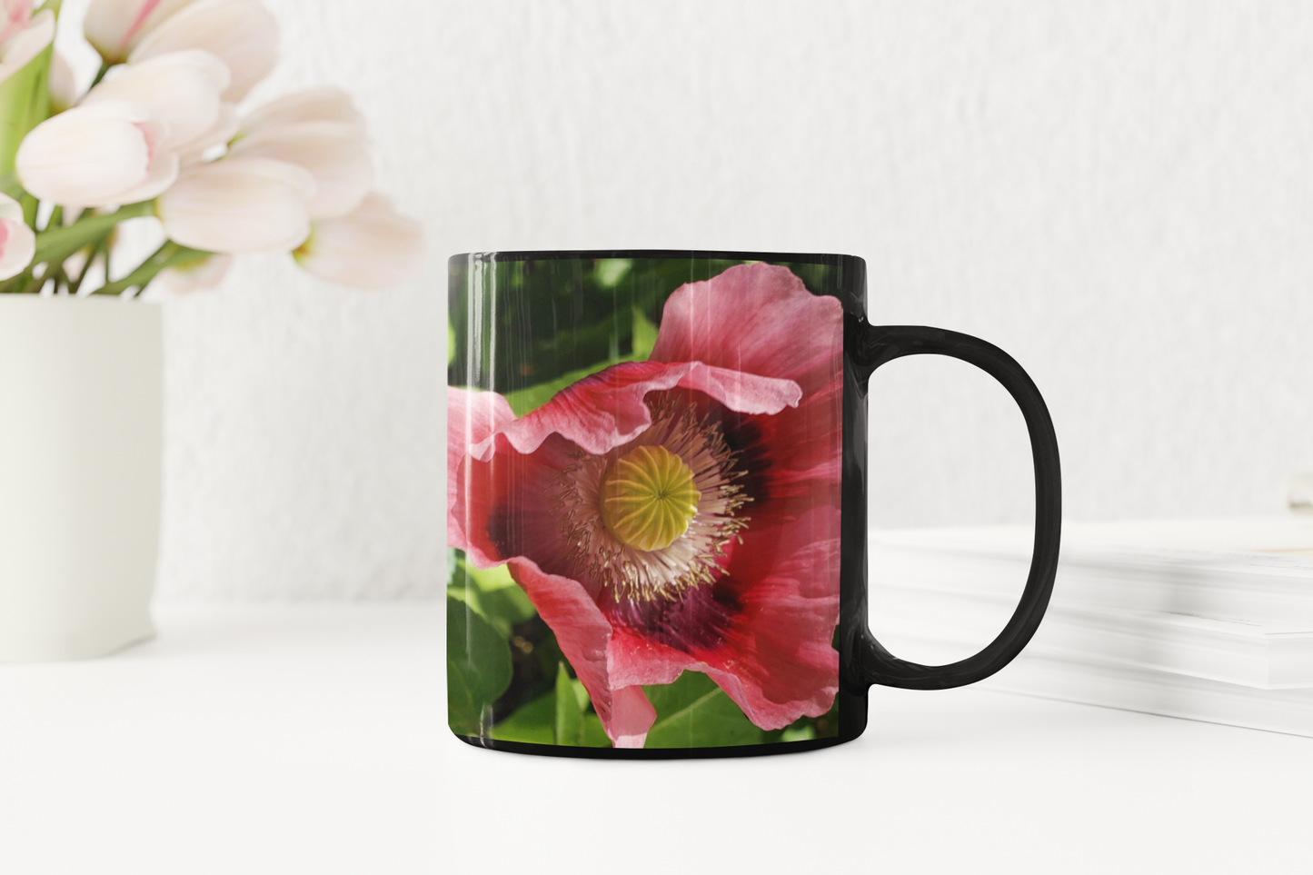 11 oz Black Mug - Wagonesta - Oriental Poppy