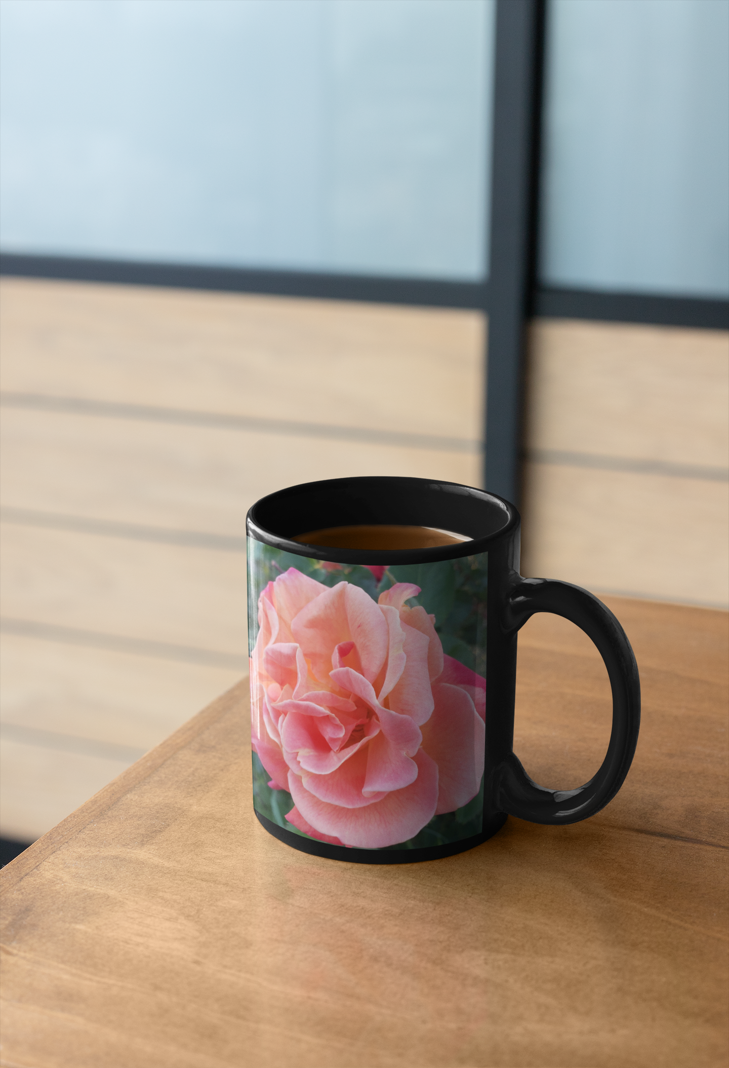 11 oz Black Mug - Wagonesta - Peach Rose