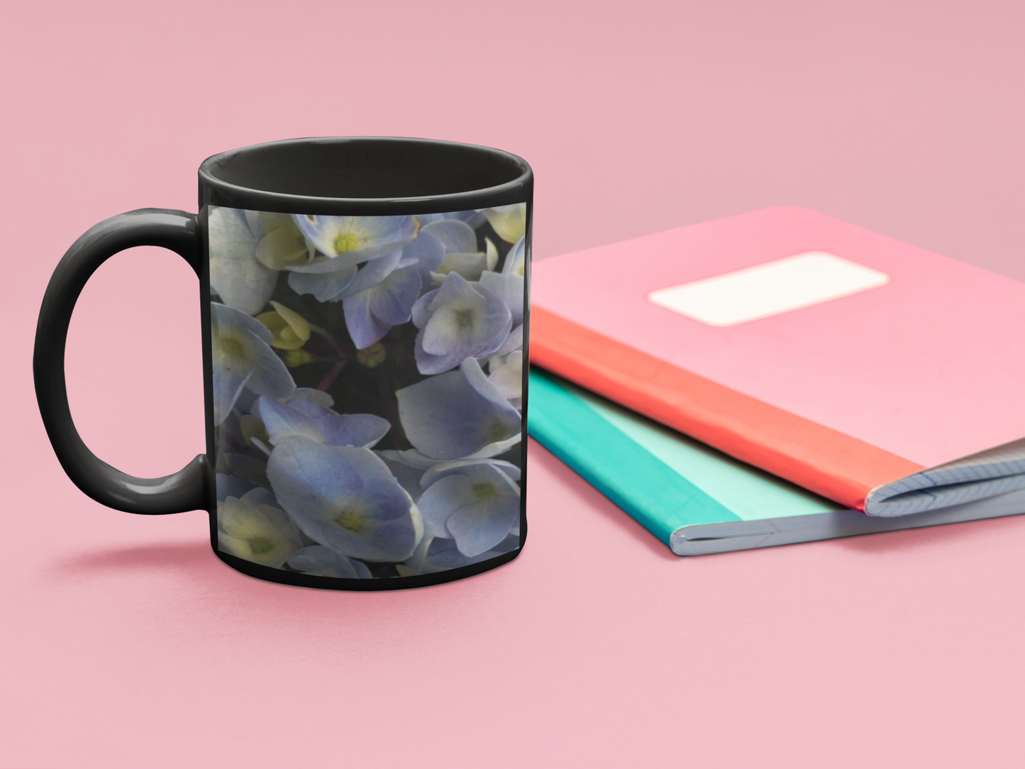 11 oz Black Mug - Wagonesta - Light Periwinkle Hydrangea