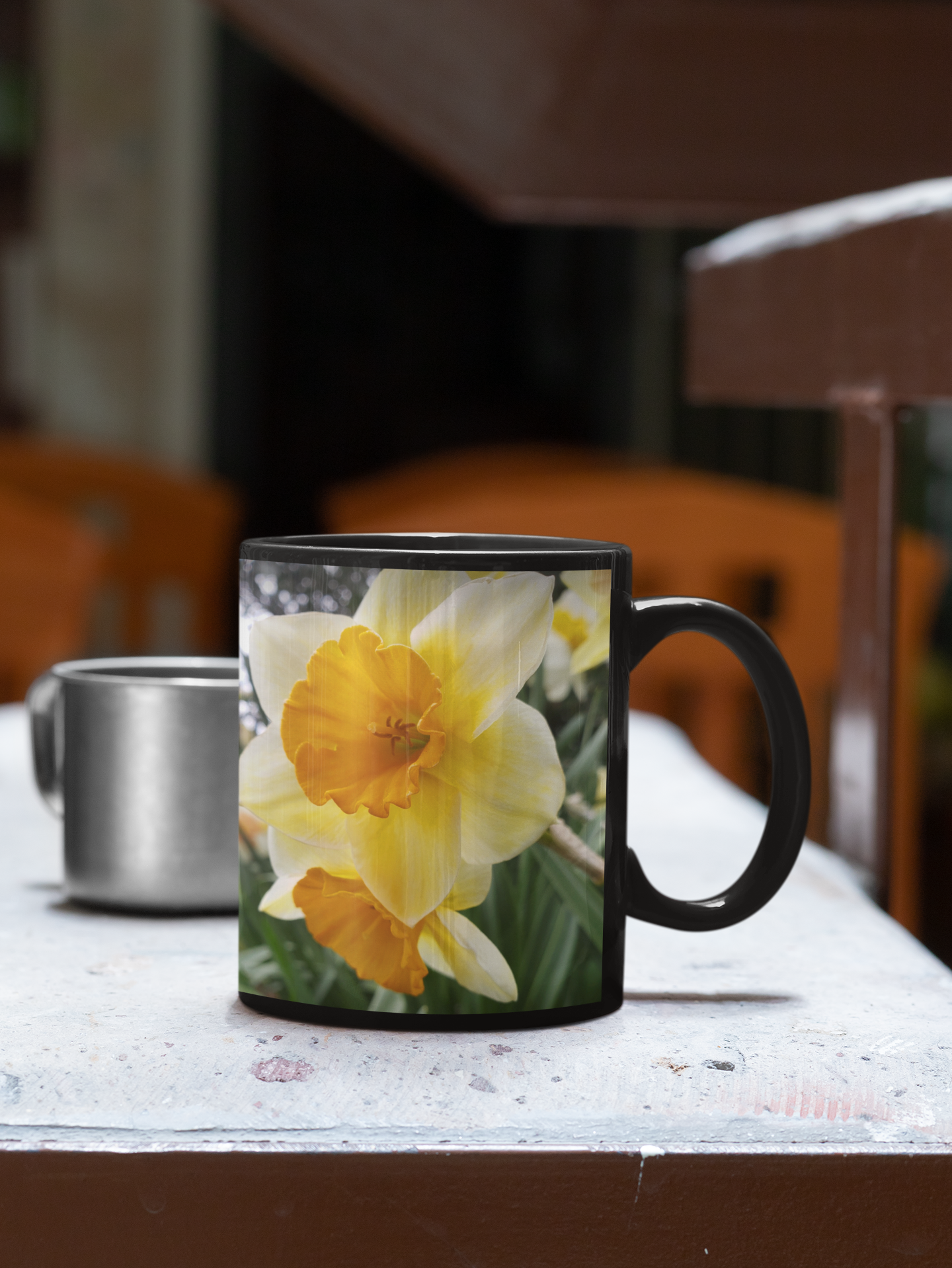 11 oz Black Mug - Wagonesta - Orange and Yellow Daffodils