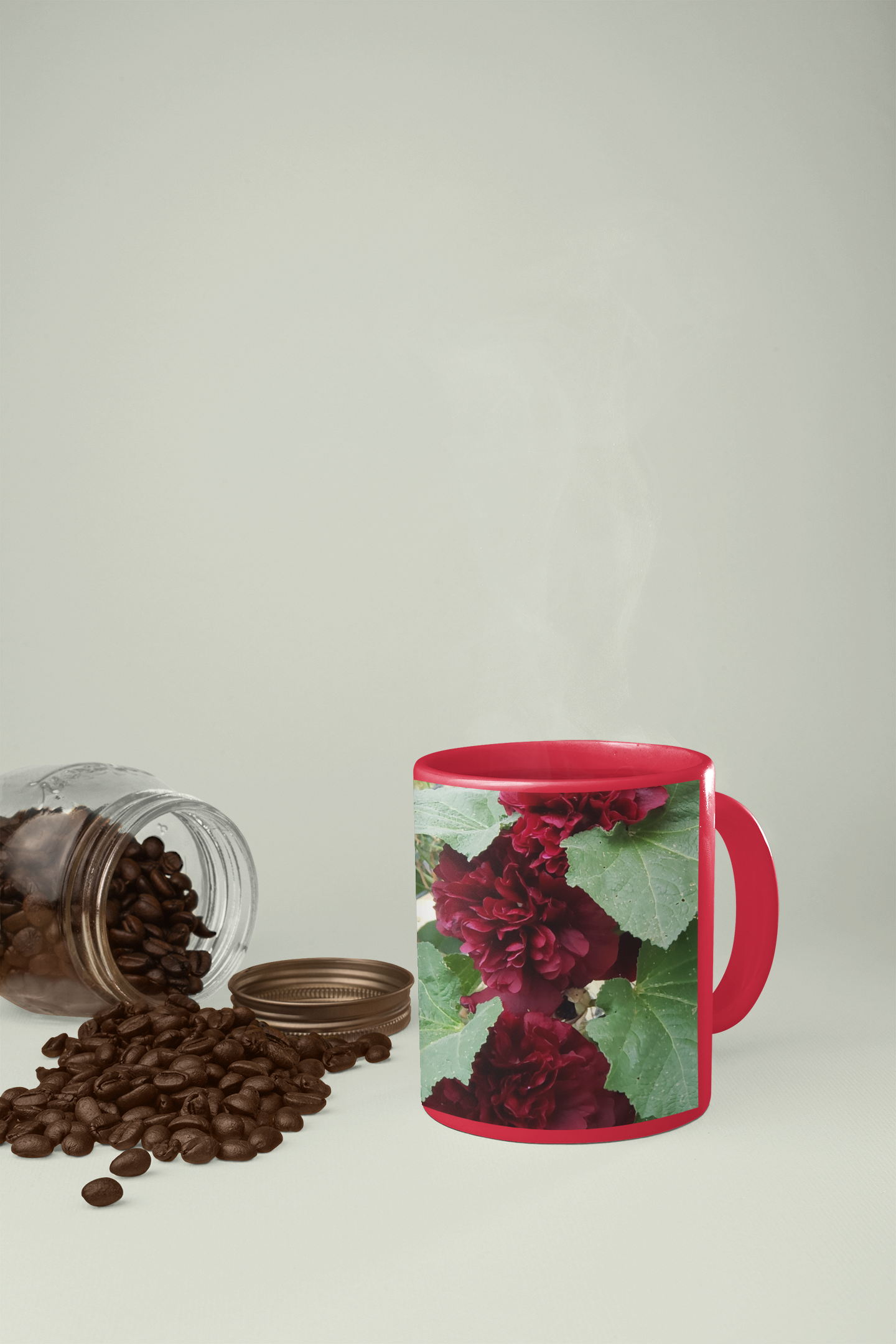 11 oz. Two-Tone Mug (Red) - Wagonesta - Double Hollyhocks