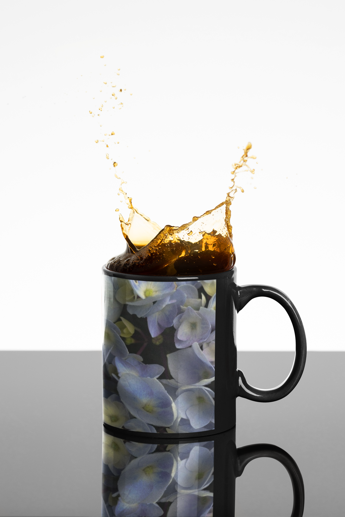 11 oz Black Mug - Wagonesta - Light Periwinkle Hydrangea