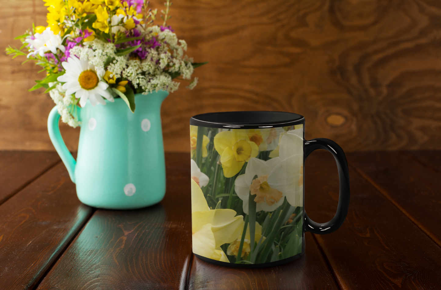 11 oz Black Mug - Wagonesta- Field of Daffodils