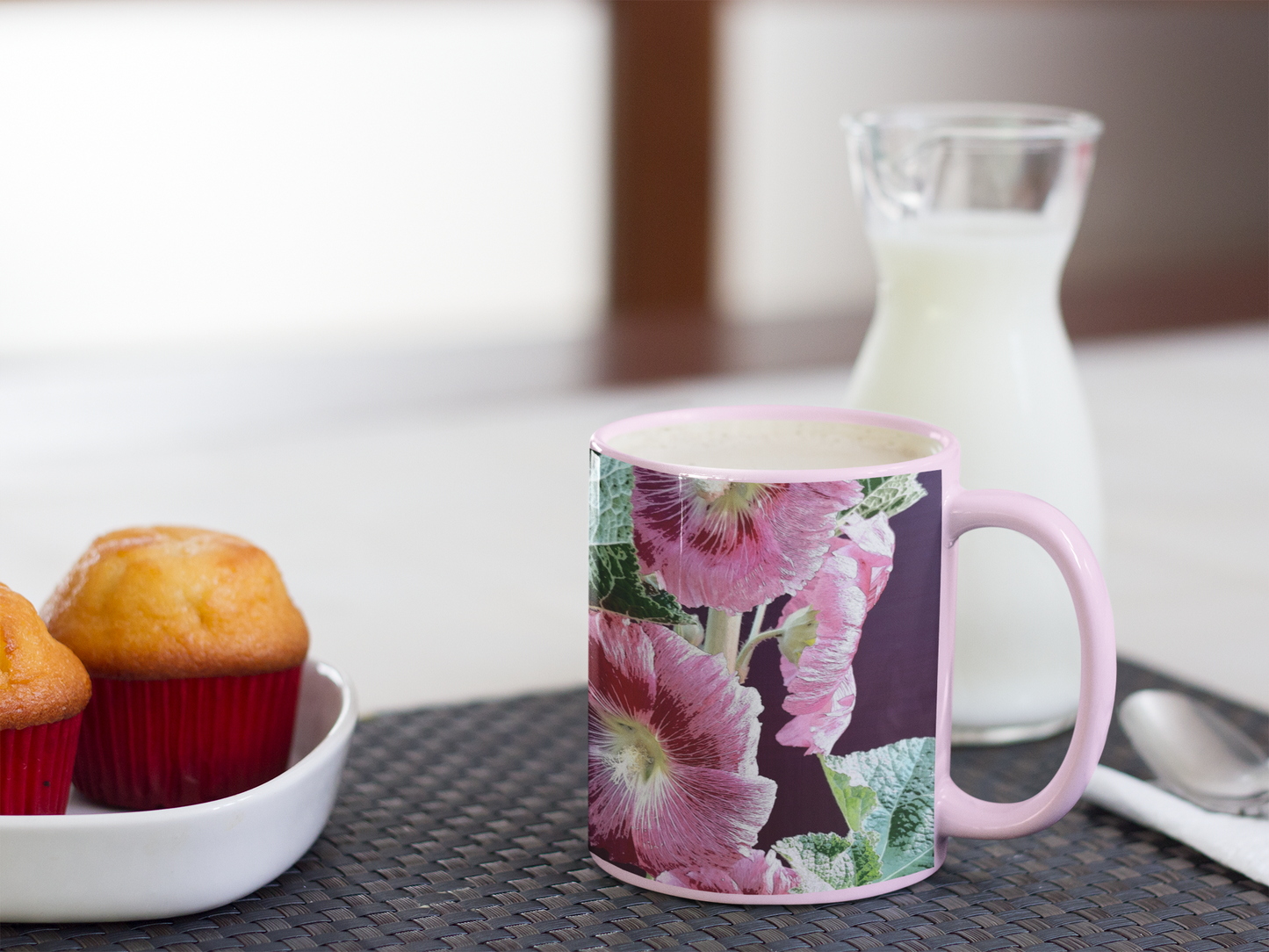 11 oz. Two-Tone Mug (Pink) -  Wagonesta- Hollyhocks