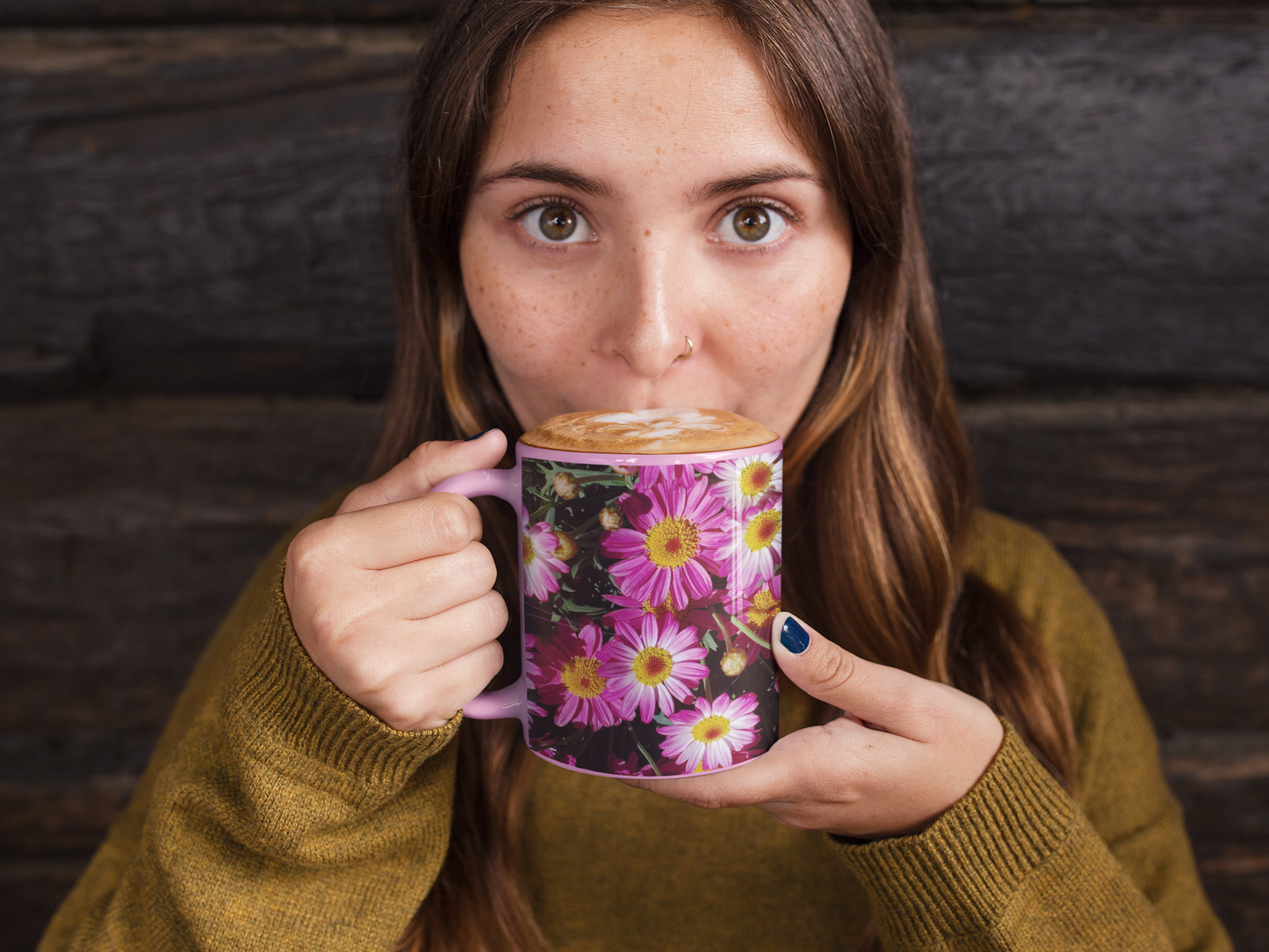 11 oz. Two-Tone Mug (Pink) - Wagonesta - Pink Posies