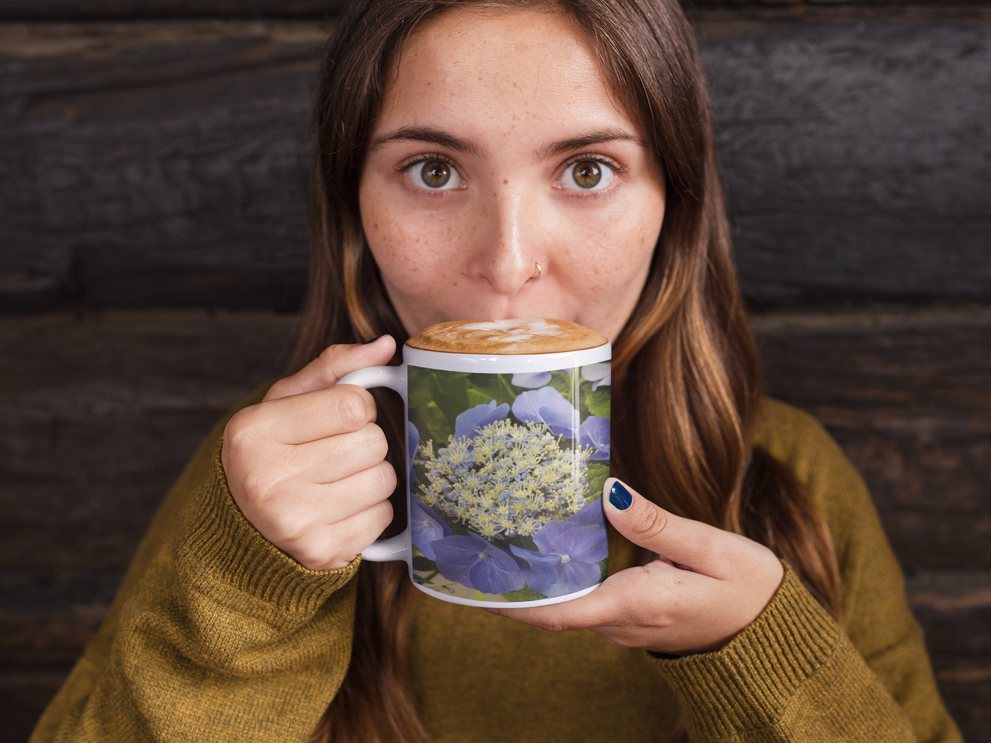 11 oz Ceramic Mug - Wagonesta- Periwinkle Macrophylia Hydrangea