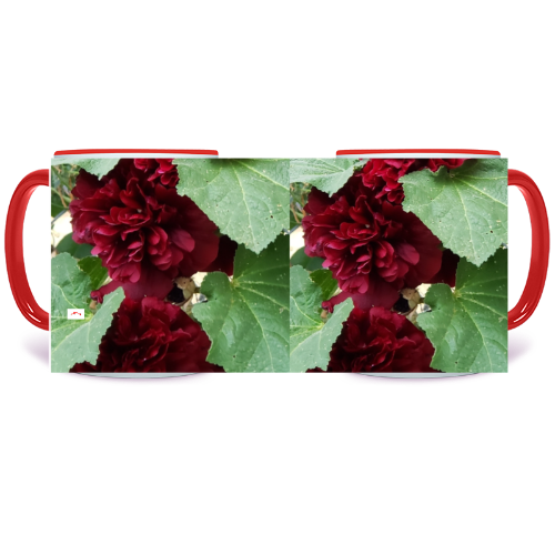 11 oz. Two-Tone Mug (Red) - Wagonesta - Double Hollyhocks